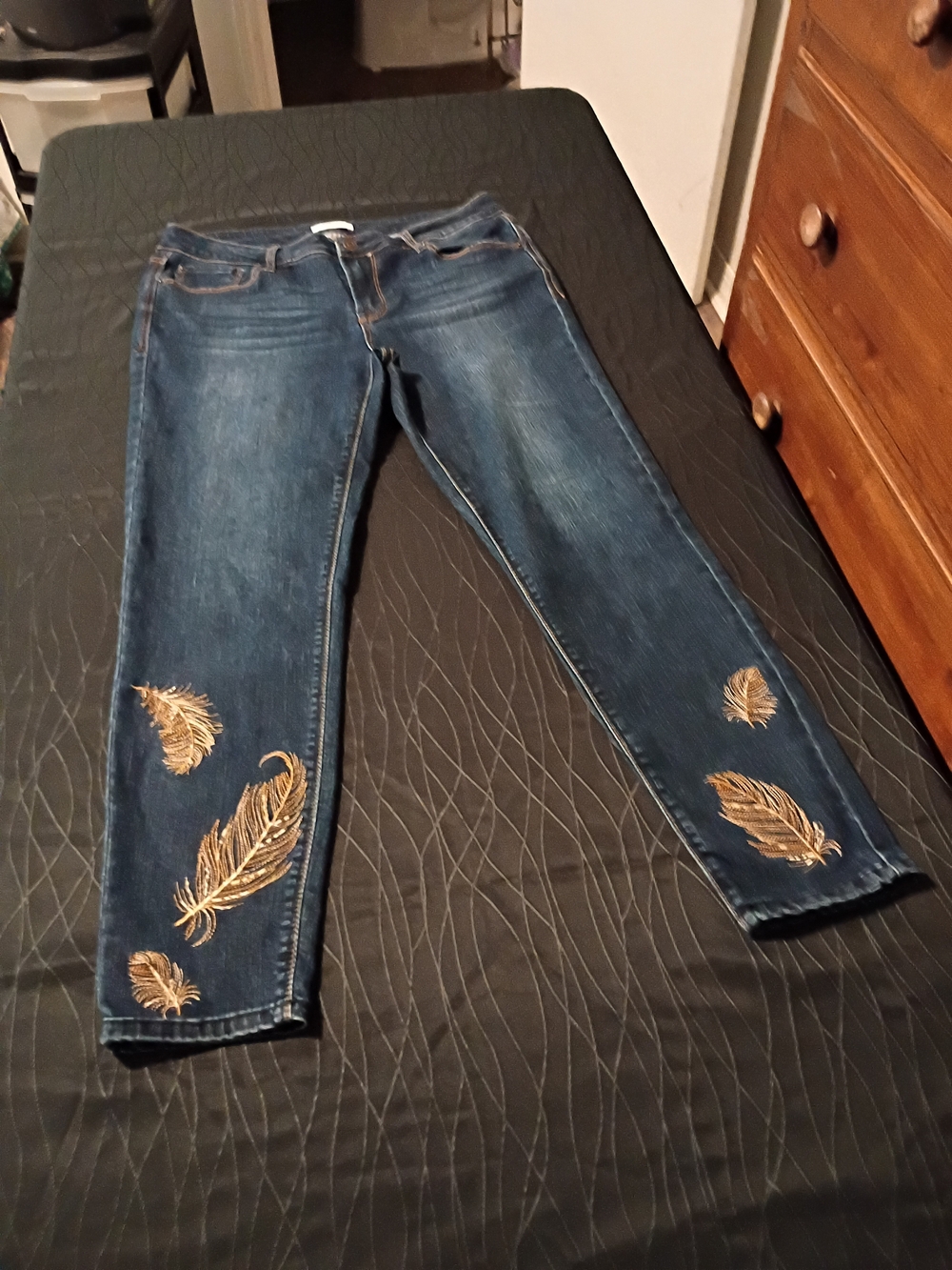 Kenzie Dark Blue Skinny Jeans with Gold Feather Embroidery